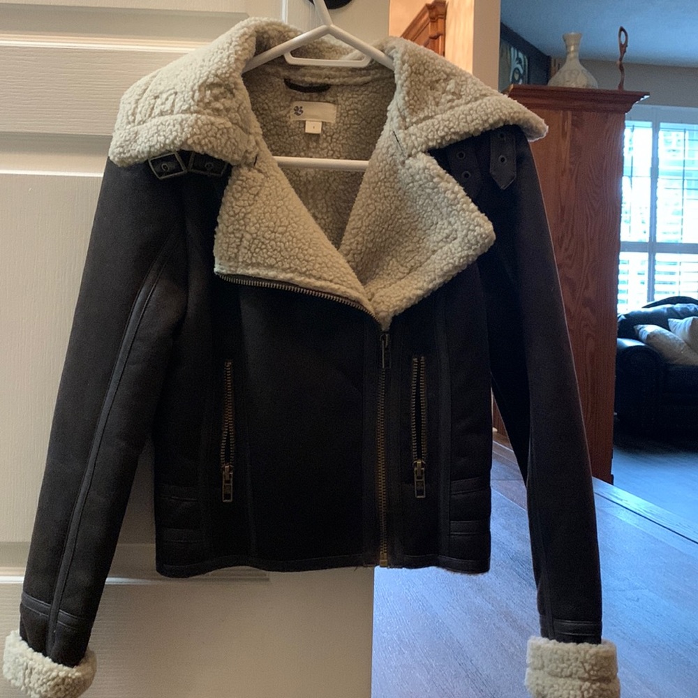 Women's Black Faux Leather Shearling Jacket - Cream Lining